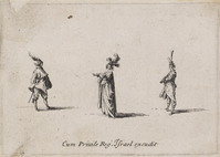 KG 10867
<br/>
Vrouw met verenhoed en twee mannen ("Fantasieën")
<br/>
<em>Callot, Jacques (1592 - 1635)</em>